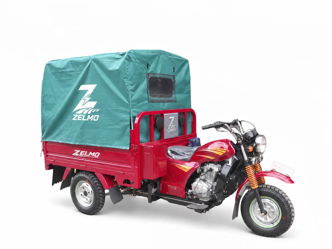ZELMO covered cargo body red front three-quarter view