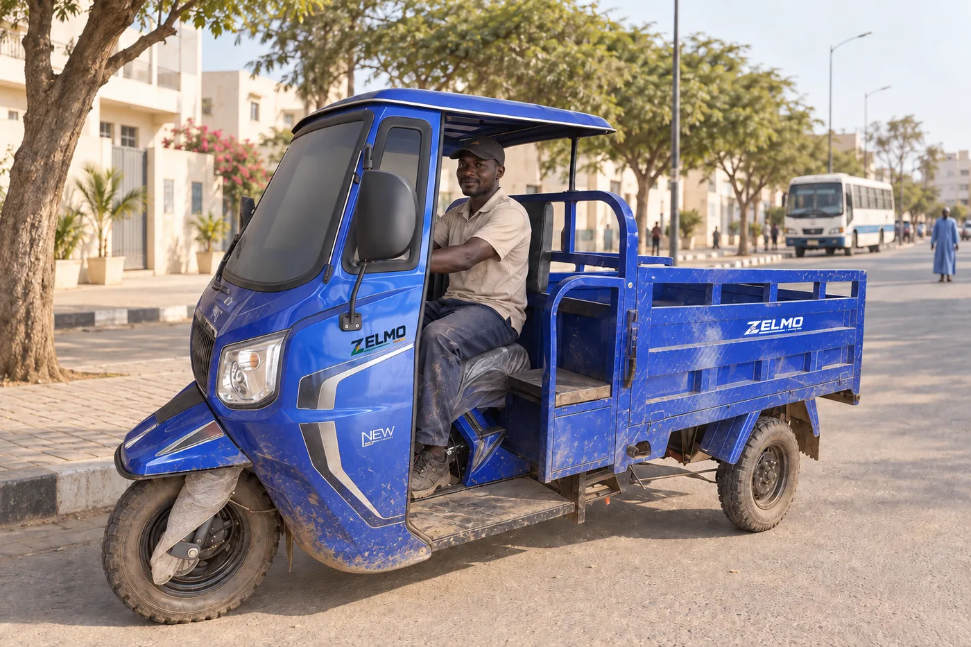 ZELMO canopy body blue front three-quarter view · City streets