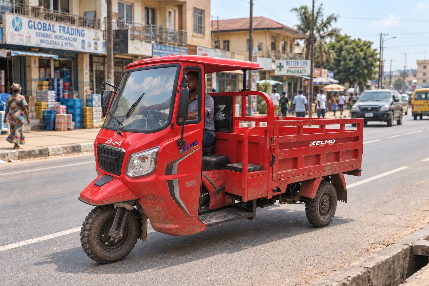 ZELMO canopy body red front three-quarter view · City streets