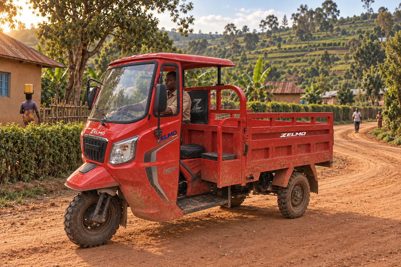 ZELMO canopy body red front three-quarter view · Village roads