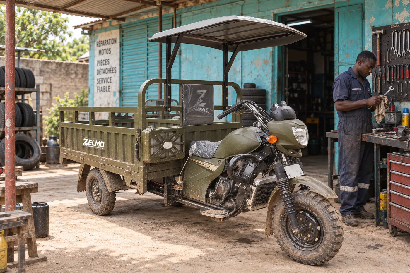 ZELMO canopy body olive front three-quarter view · The local workshop