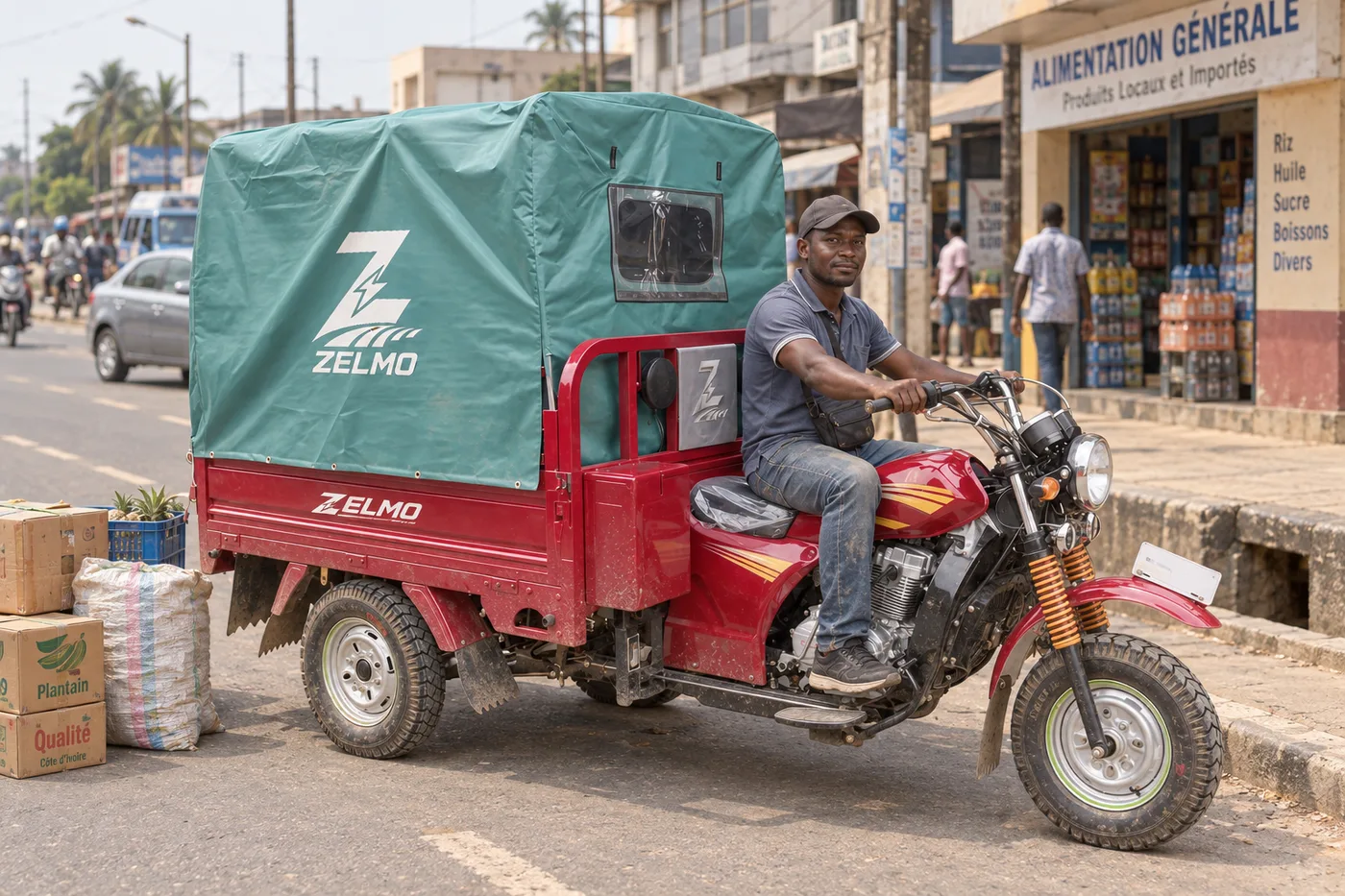 ZELMO covered cargo body red front three-quarter view · City streets