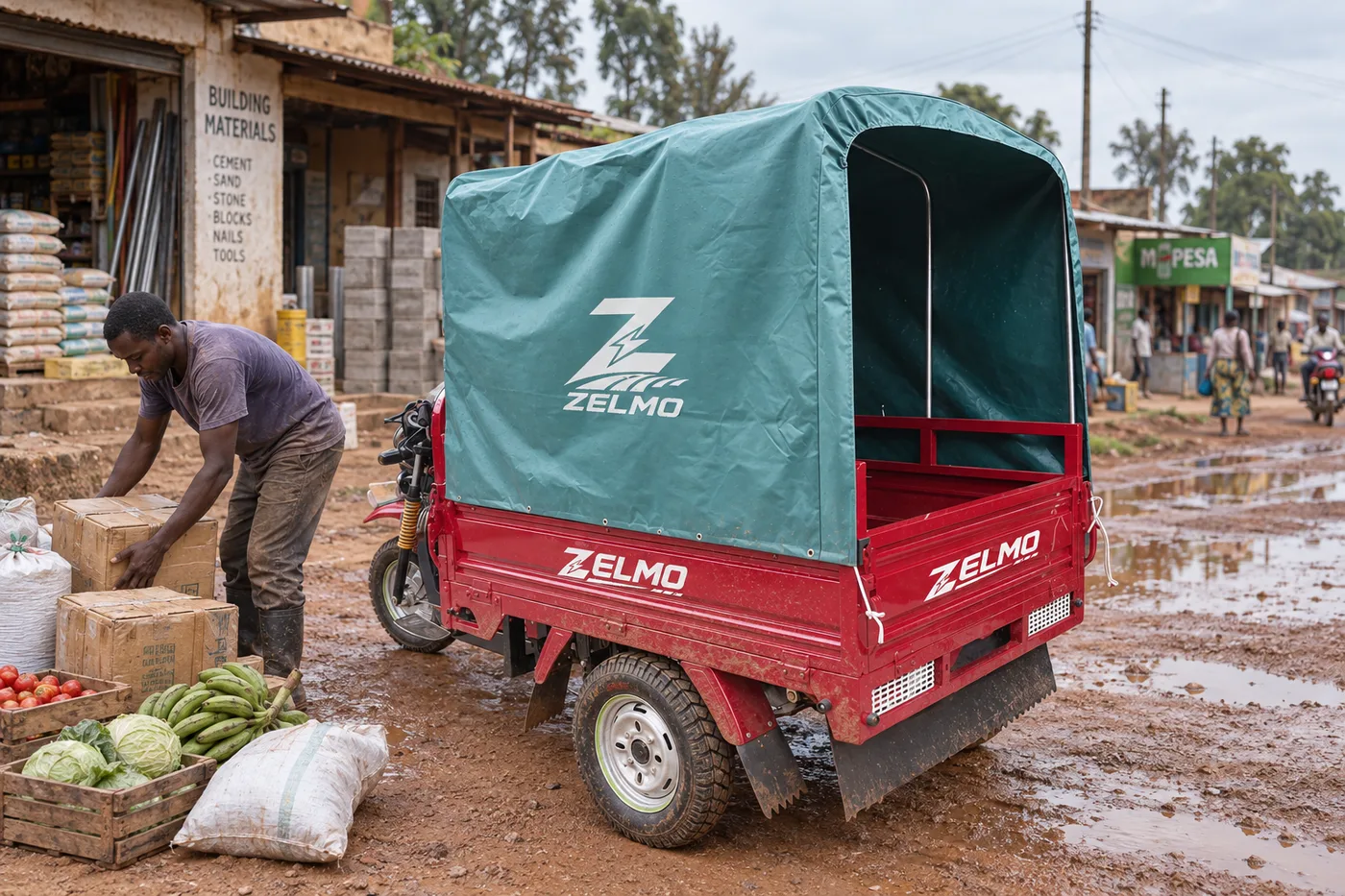 ZELMO covered cargo body red rear three-quarter view · After the rain