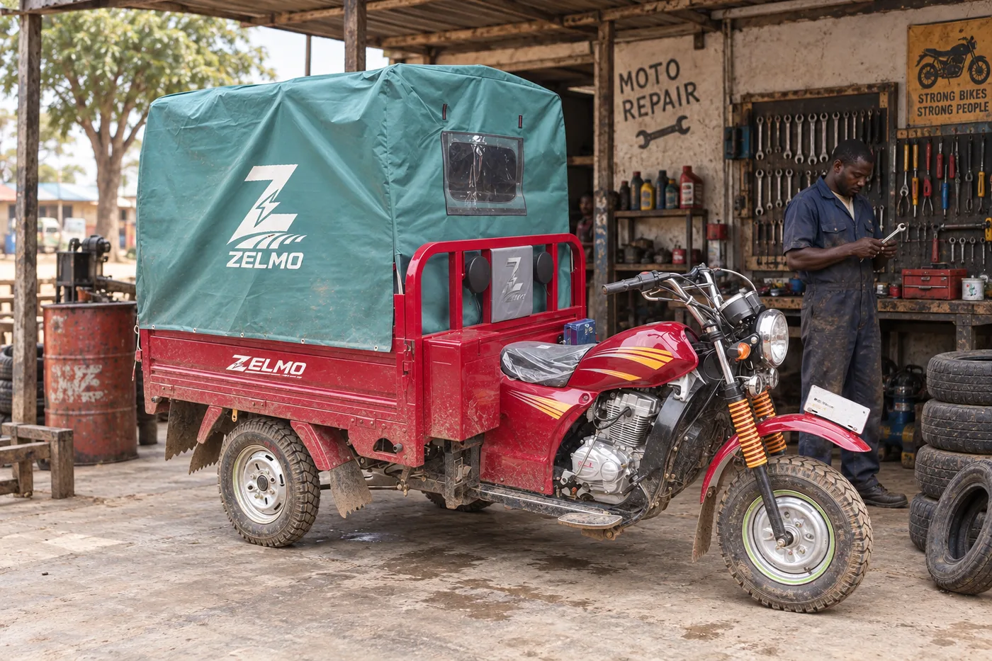 ZELMO covered cargo body red front three-quarter view · The local workshop