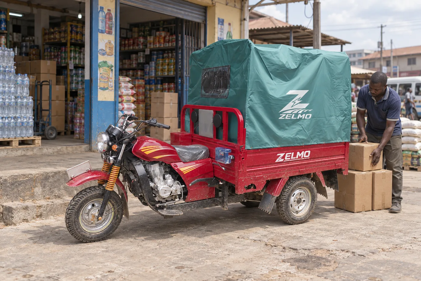 ZELMO covered cargo body red front three-quarter view · Shop restocking