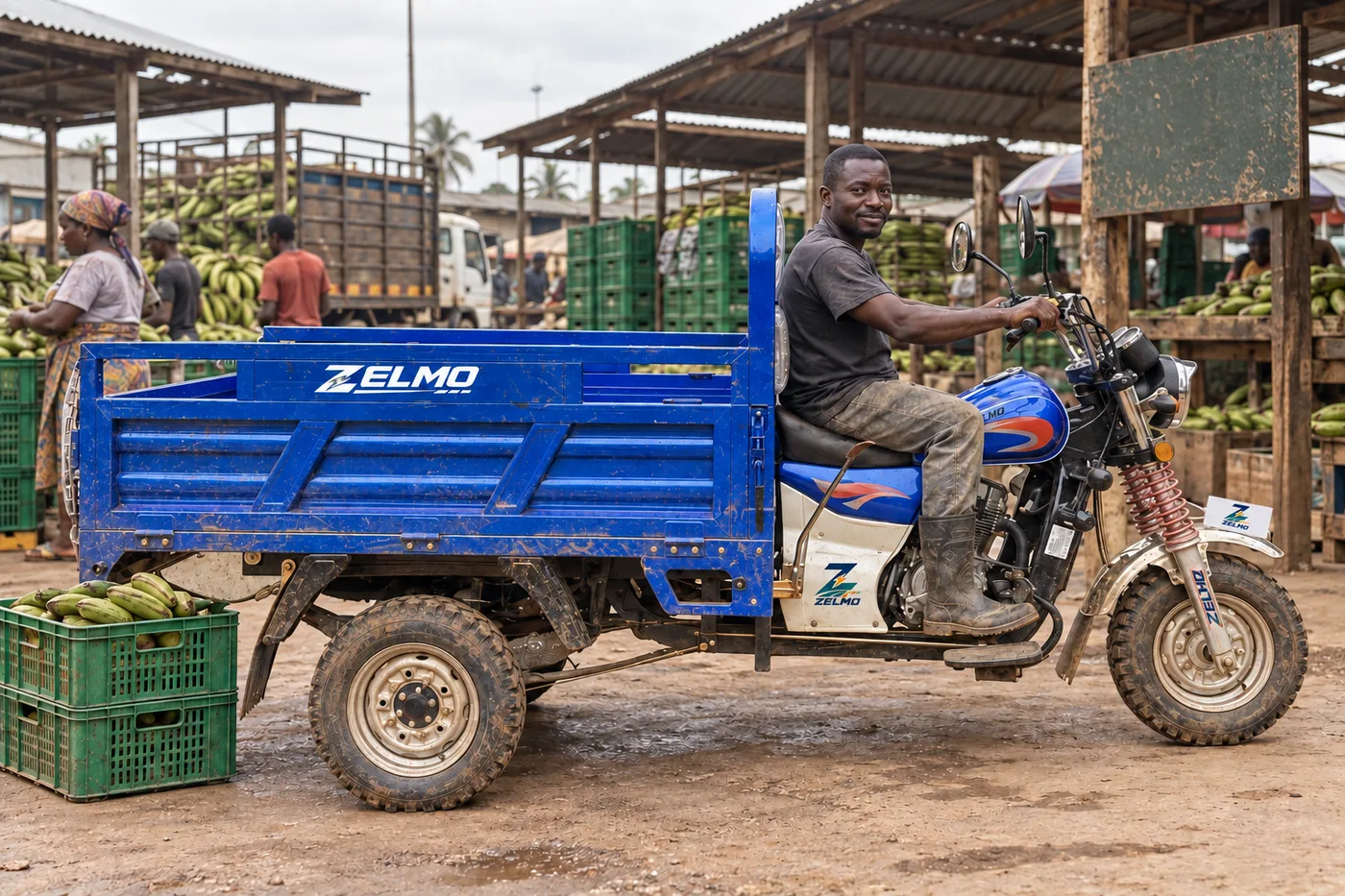 ZELMO open cargo body blue side view · Market deliveries