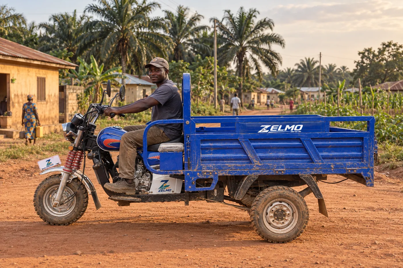 ZELMO open cargo body blue side view · Village roads