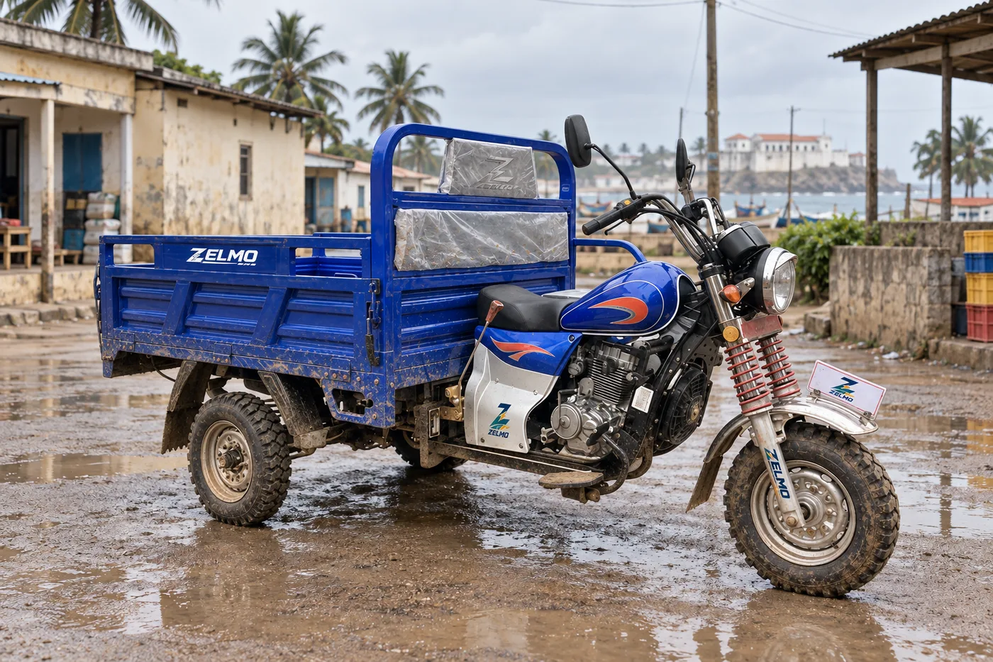 ZELMO open cargo body blue front three-quarter view · After the rain