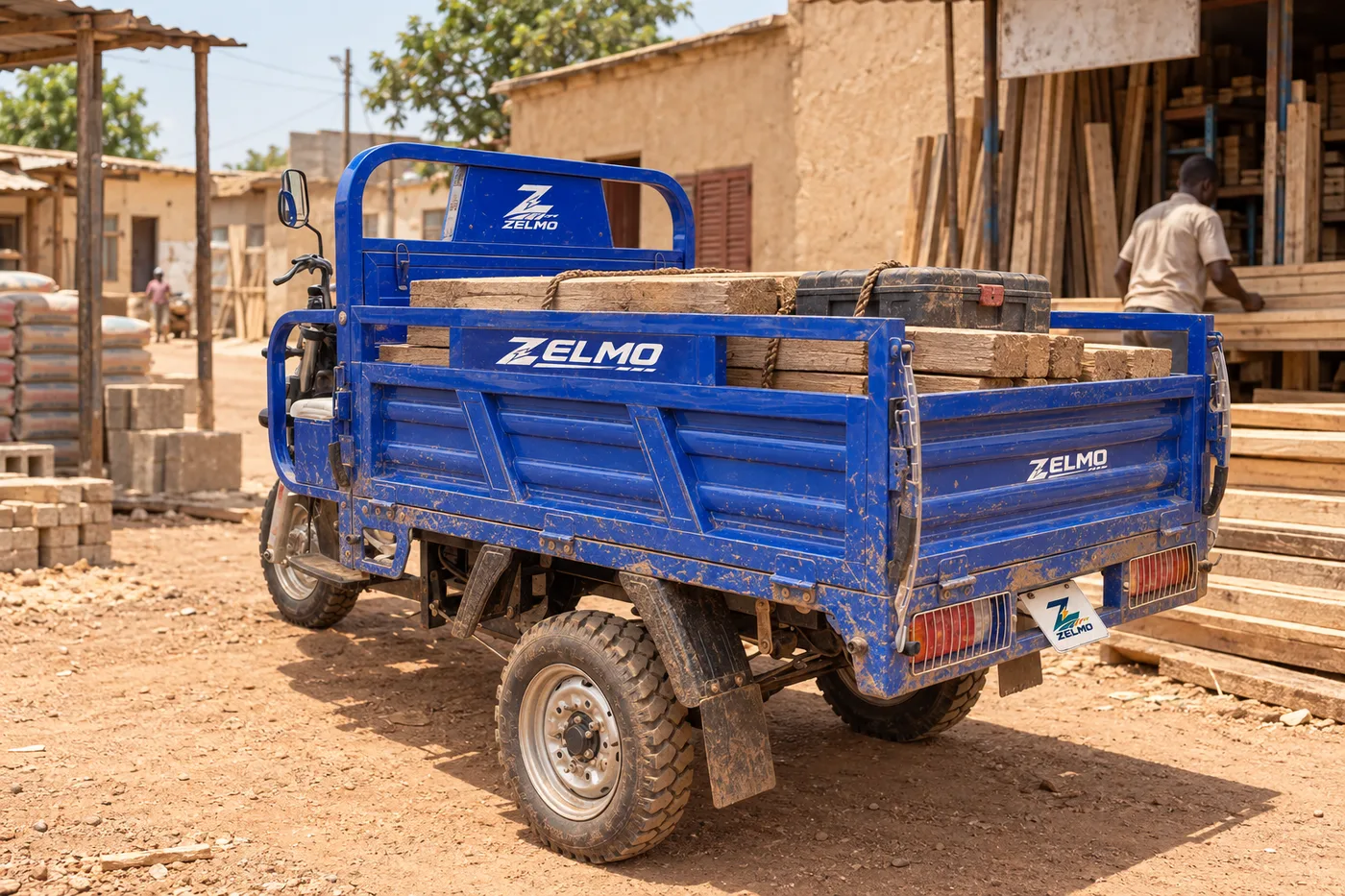 ZELMO open cargo body blue rear three-quarter view · Neighbourhood supplies