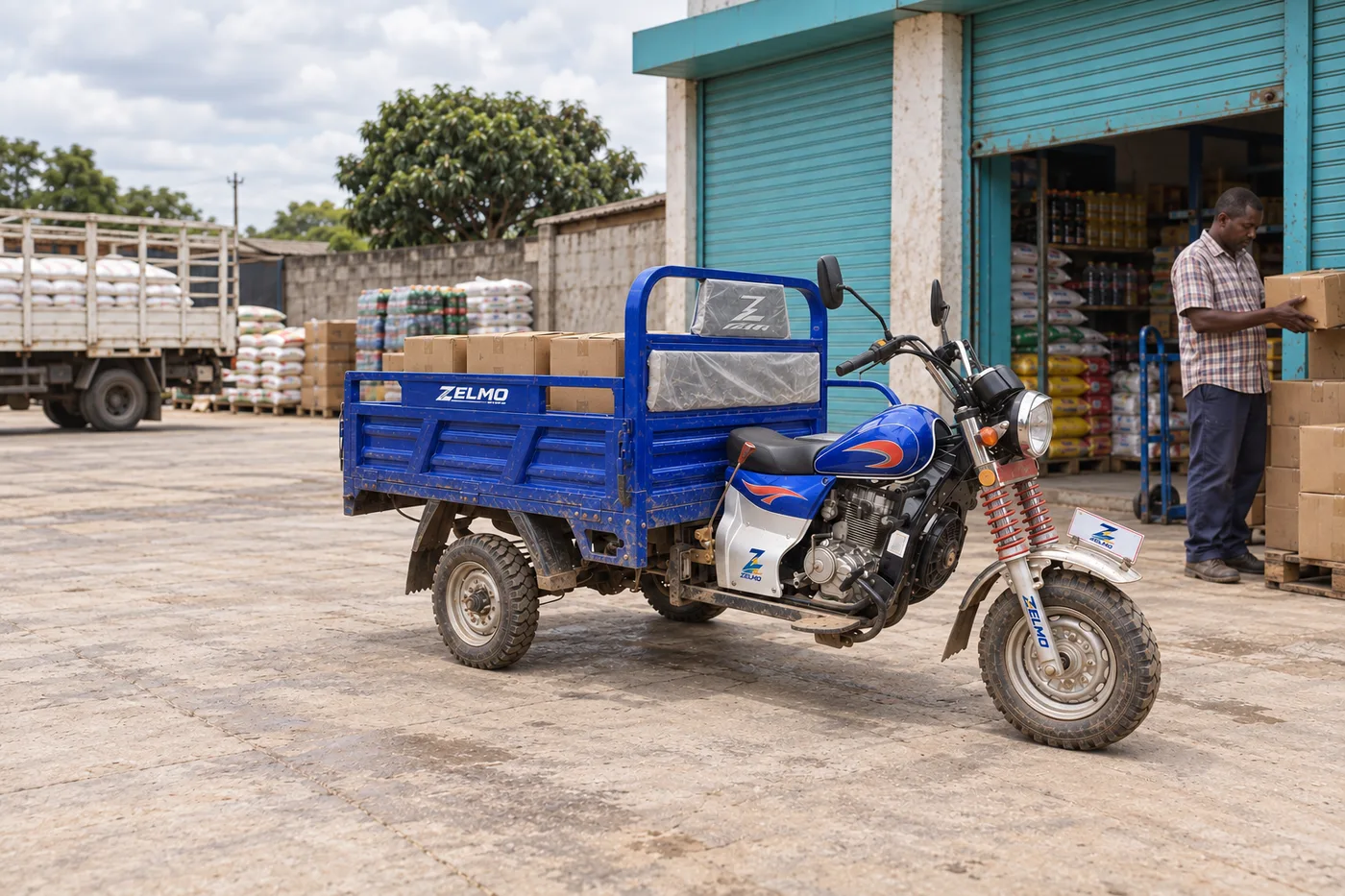 ZELMO open cargo body blue front three-quarter view · Shop restocking