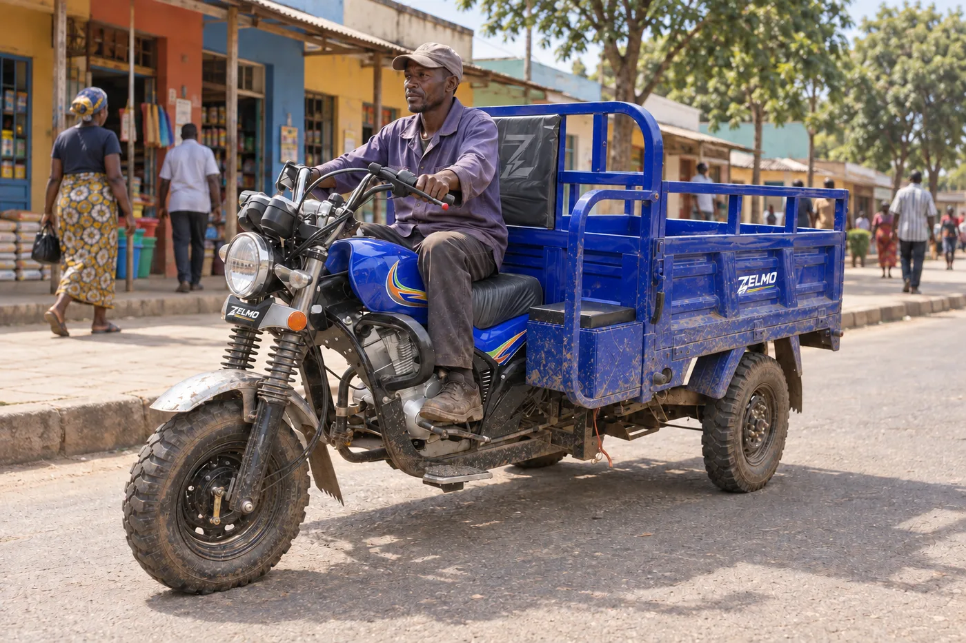 ZELMO utility body blue front three-quarter view · City streets