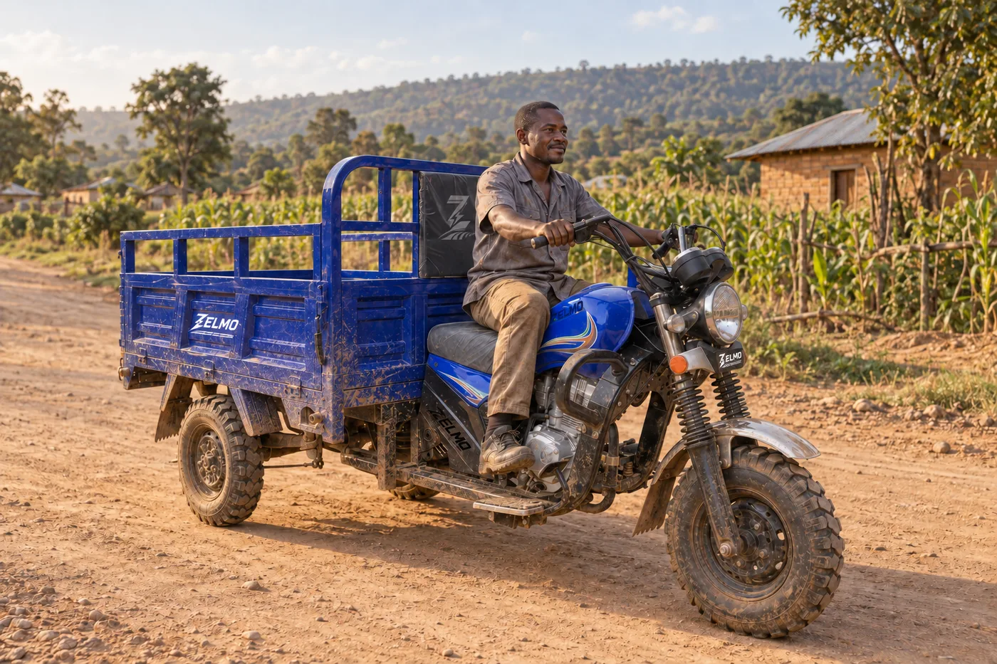 ZELMO utility body blue front three-quarter view · Village roads