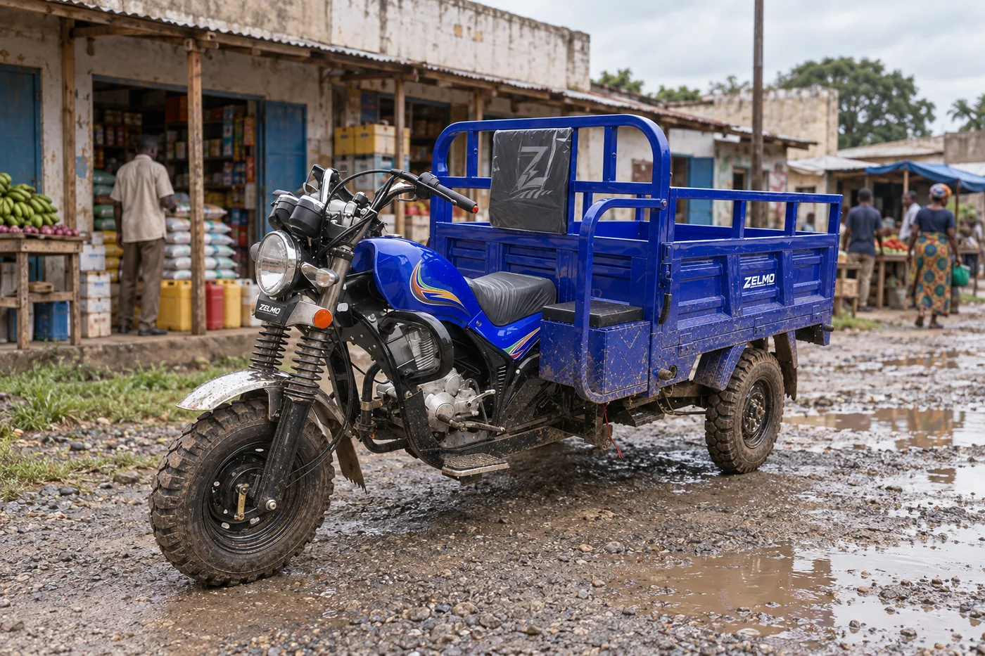 ZELMO utility body blue front three-quarter view · After the rain