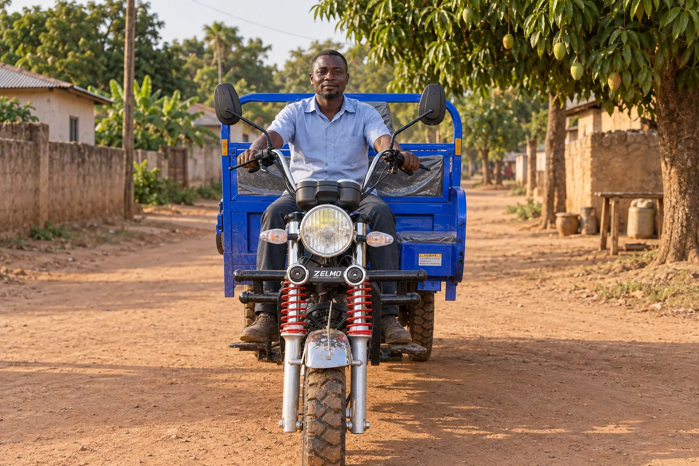 ZELMO open cargo body blue front view · Village roads