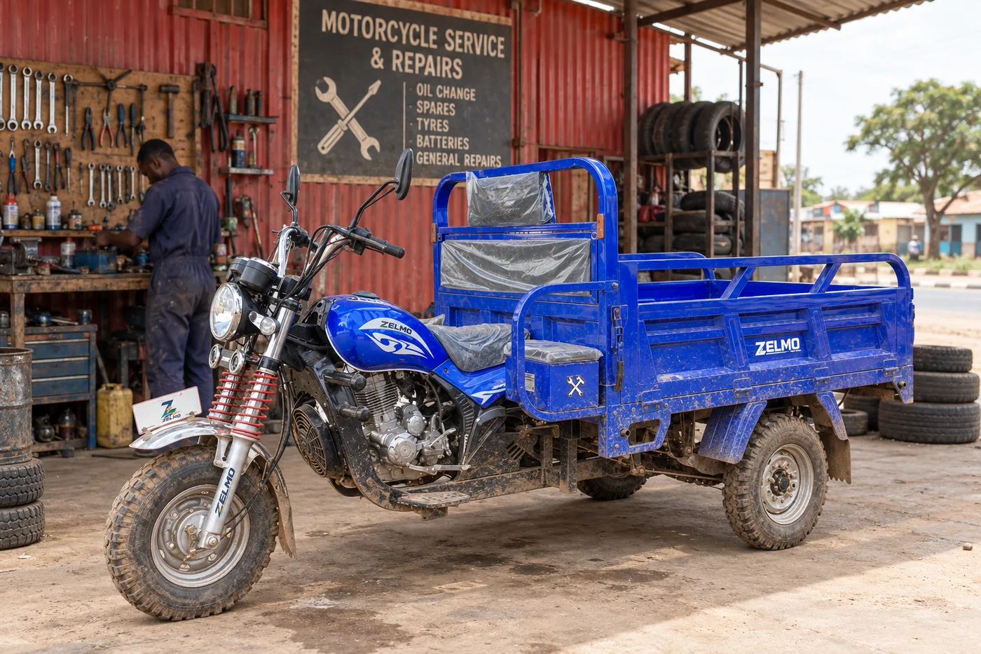 ZELMO open cargo body blue front three-quarter view · The local workshop