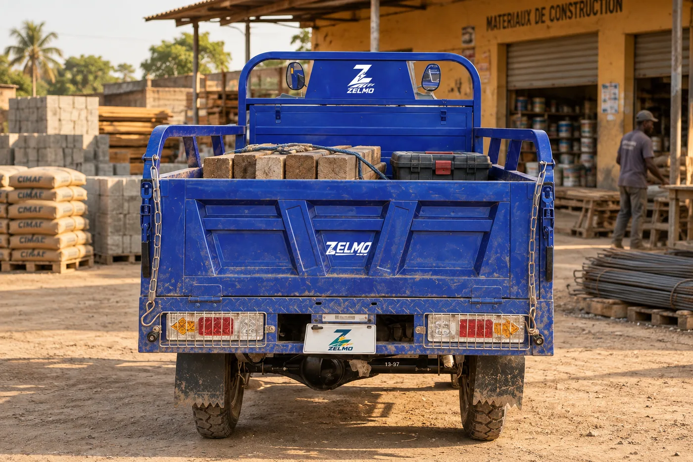 ZELMO open cargo body blue rear view · Neighbourhood supplies