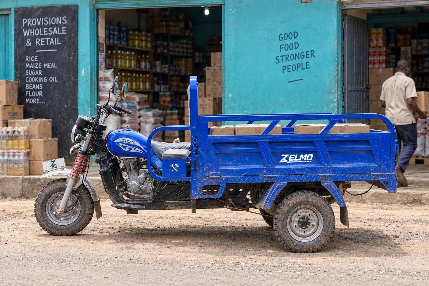 ZELMO open cargo body blue side view · Shop restocking