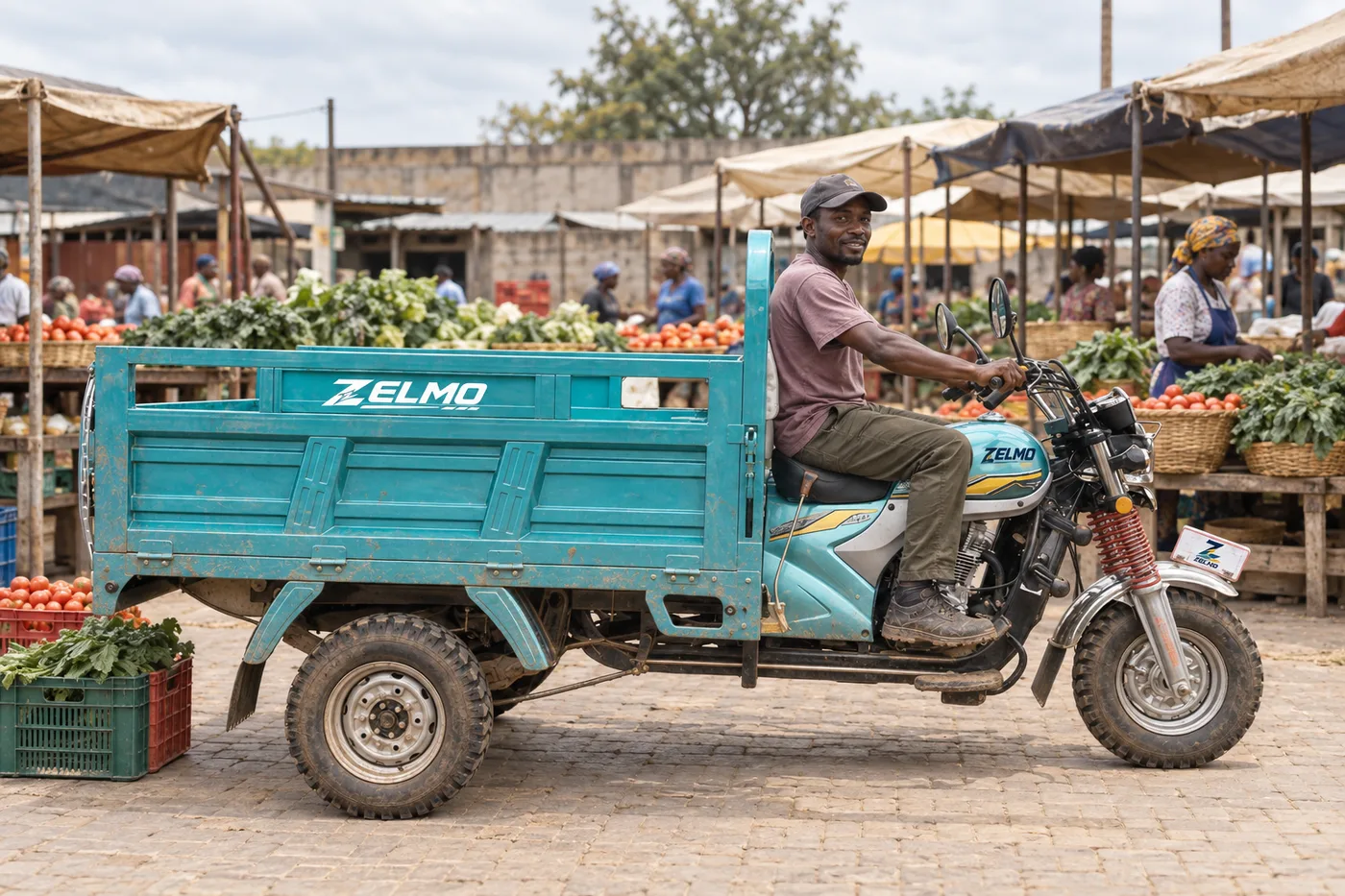 ZELMO open cargo body teal side view · Market deliveries