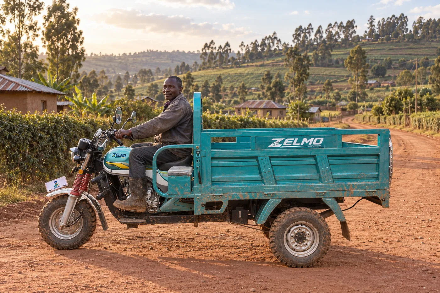 ZELMO open cargo body teal side view · Village roads