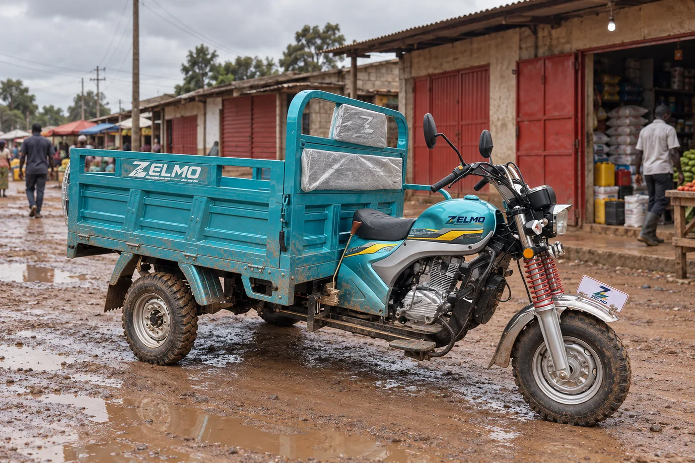 ZELMO open cargo body teal front three-quarter view · After the rain