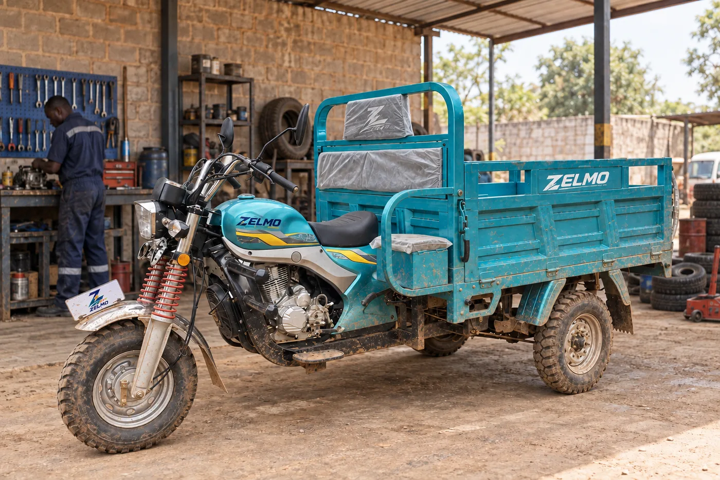 ZELMO open cargo body teal front three-quarter view · The local workshop