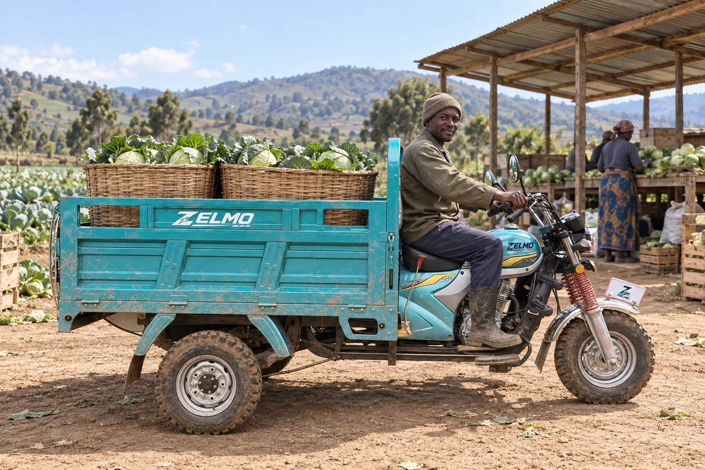 ZELMO open cargo body teal side view · Farm produce