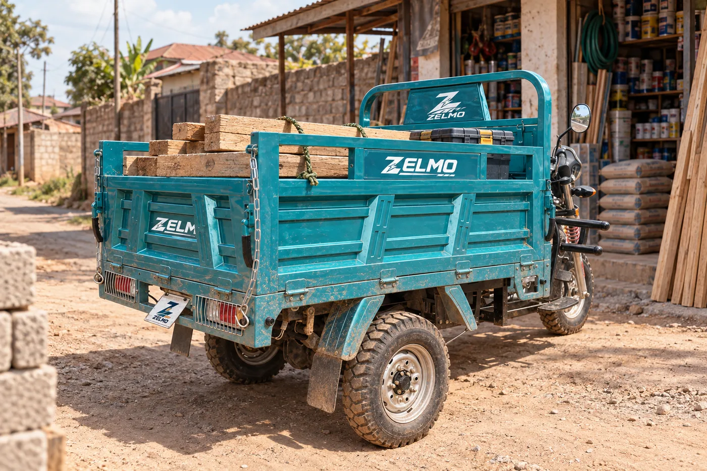 ZELMO open cargo body teal rear three-quarter view · Neighbourhood supplies